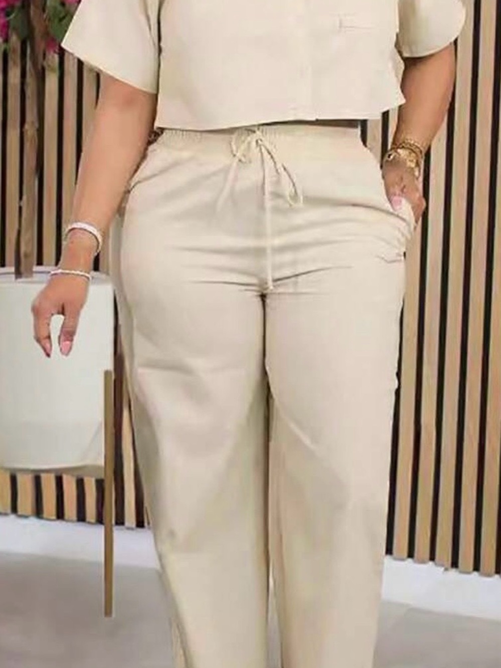 Women's Cream Drawstring High-Waist Pants